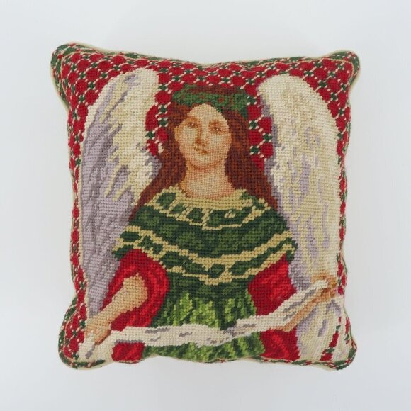 Wool Needlepoint Christmas Holiday Religious Angel 10.5in x 11.5in Pillow VTG - Picture 9 of 9